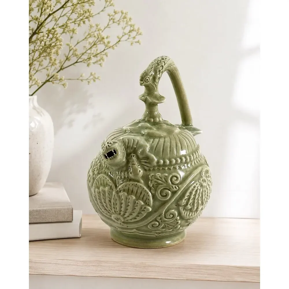 Vintage Chinese Celadon Bottom Filling Teapot Foo Dog Lotus Puzzle Pot 4”
